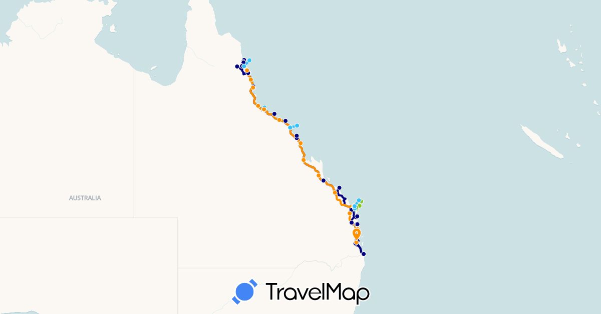 TravelMap itinerary: driving, boat, hitchhiking, electric vehicle in Australia (Oceania)