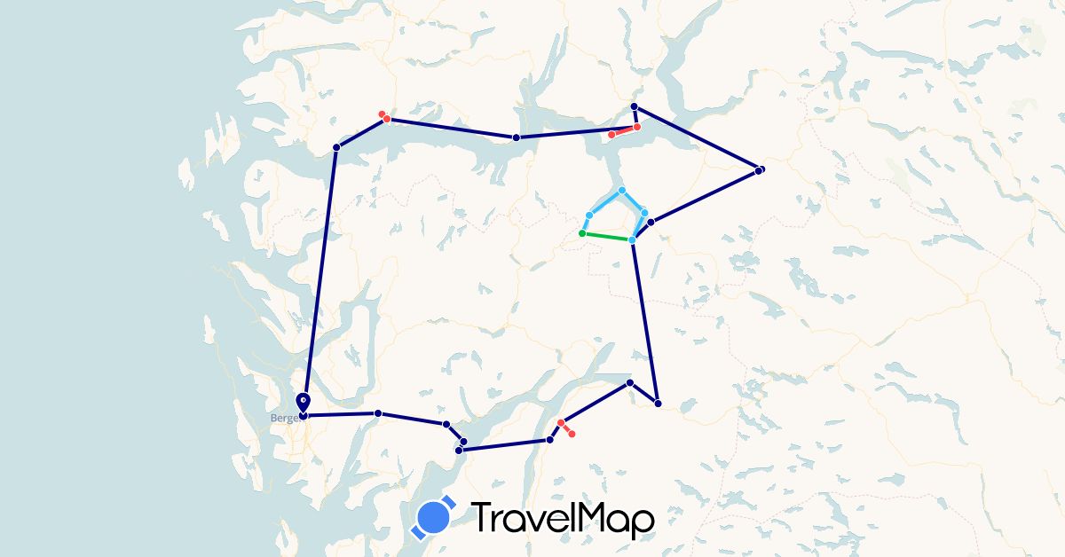 TravelMap itinerary: driving, bus, hiking, boat in Norway (Europe)